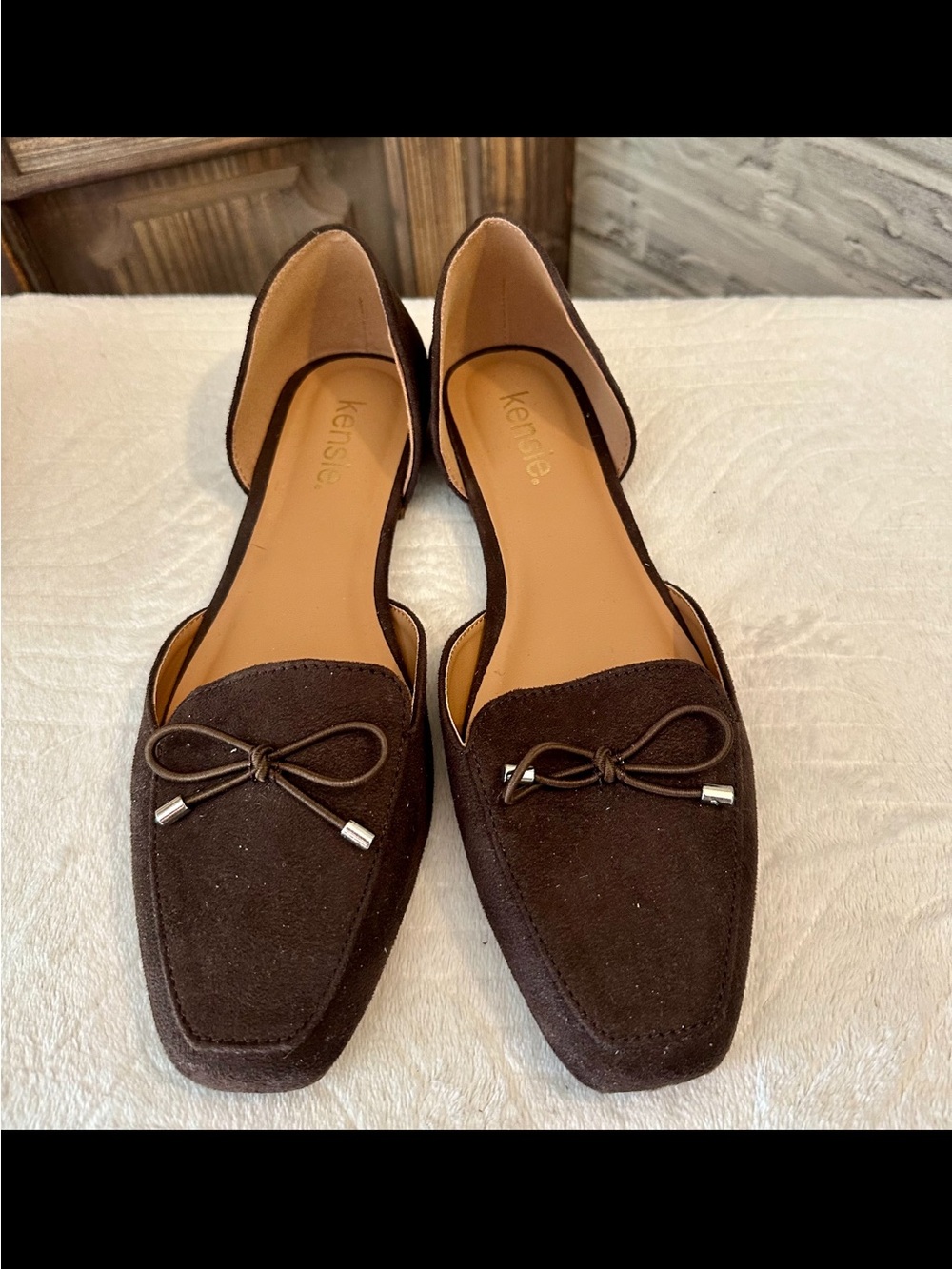 Kensie Dark Brown Suede D'Orsay Pointed Flats with Bow Accent